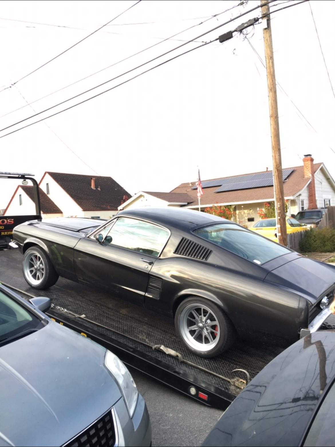 Dark green Jaguar E-Type roadster being washed in a driveway