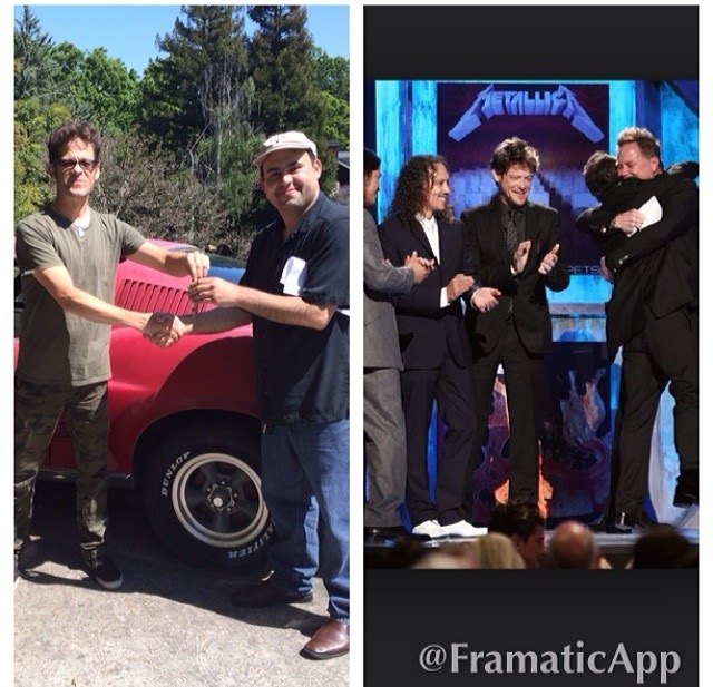 Peter Demetrio shaking hands with Jason Newsted of Metallica after purchasing a red classic Ford Mustang fastback